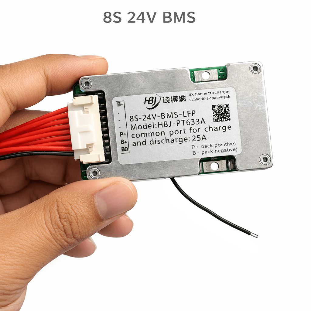 8S 24V LiFePO4 Battery BMS – 25A Common Port (Model: HBJ-PT633A)