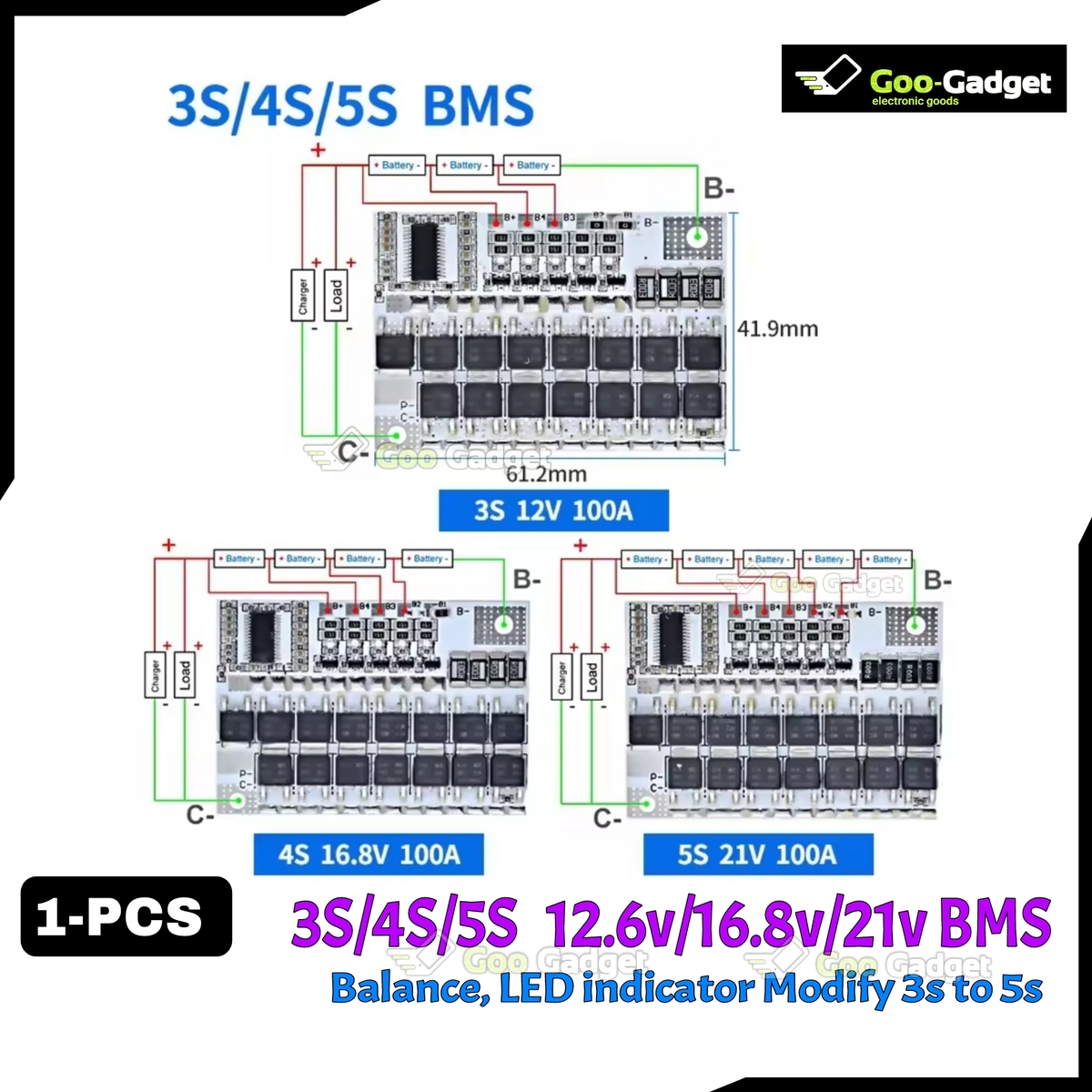3S 100A BMS – 12V/16.8V/21V Li-ion Lithium Battery Protection Board with Balance Charging S0314
