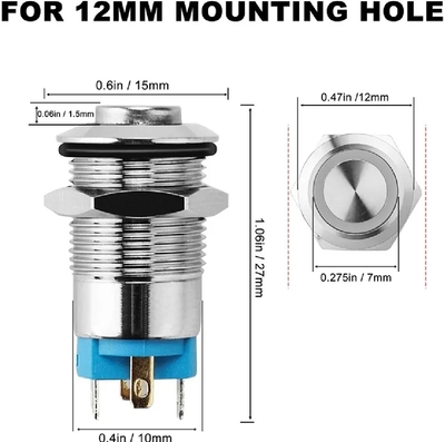 1pcs 12mm Latching Push Button Switch Blue LED Waterproof Metal_img_3