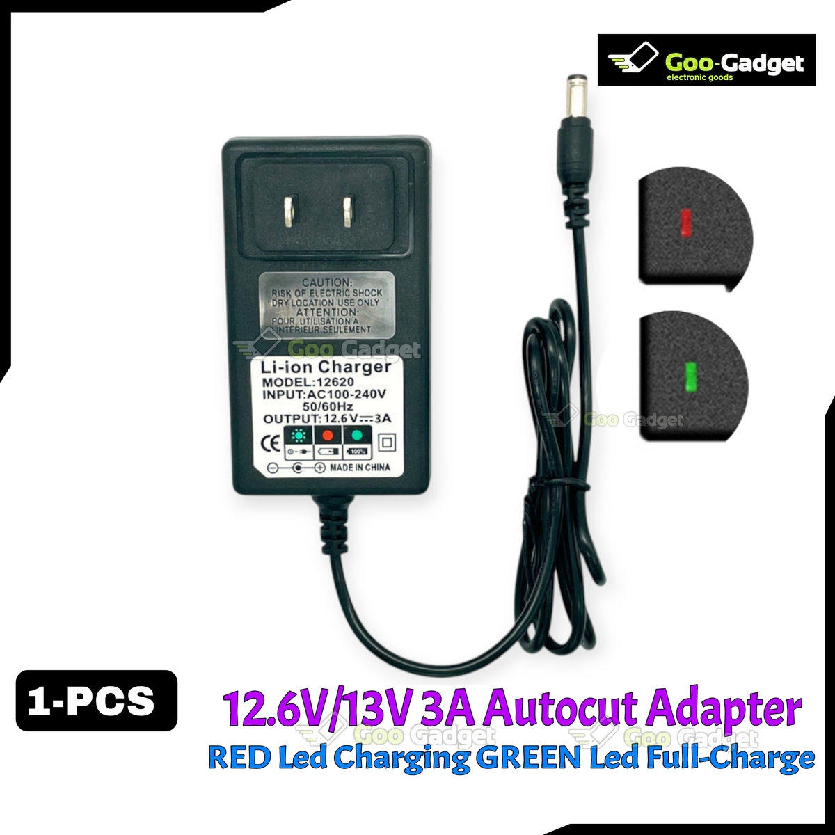 12.6V / 13V 3A Lithium-Ion Battery Charger Adapter | Auto-Cut Off | LED Indicator | 3S 18650 Smart Charger – Black