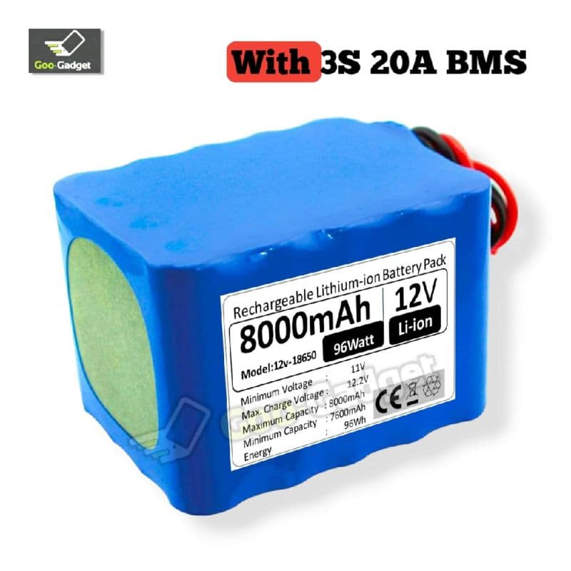 12V 8000mAh 18650 Lithium-Ion Battery Pack with 3S 25A BMS