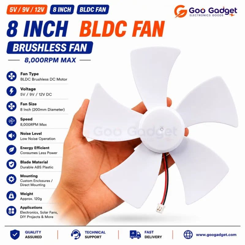 8-Inch 9V–12V DC BLDC Brushless Cooling Fan 5-Blade High Airflow Fan