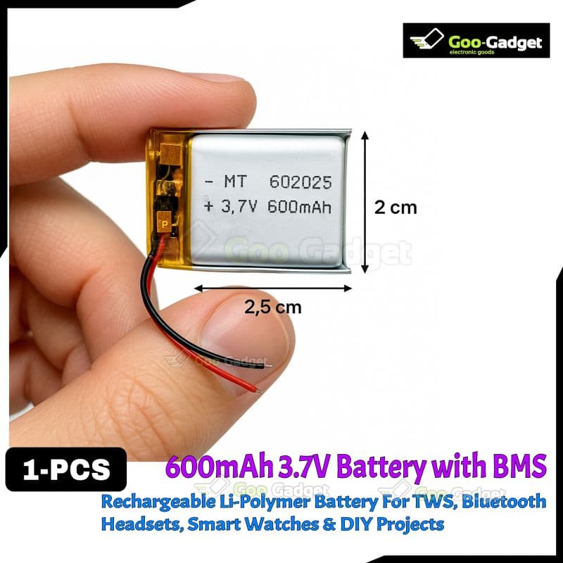 3.7V 600mAh Li-Po Battery with BMS | Rechargeable Battery for TWS, Bluetooth Headset & DIY