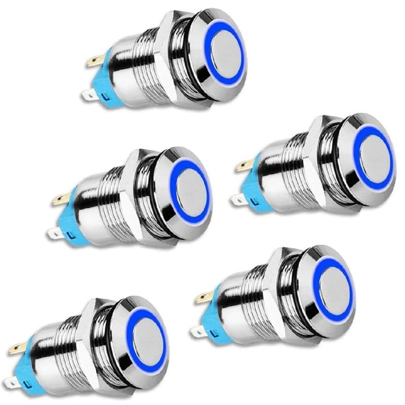 12mm Latching Push Button Switch Blue LED Waterproof Metal ON/OFF