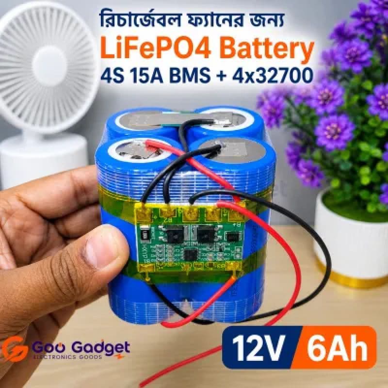 12V 6Ah LiFePO4 Battery Pack | 4S 32700 Cells with 15A BMS for Rechargeable Fan