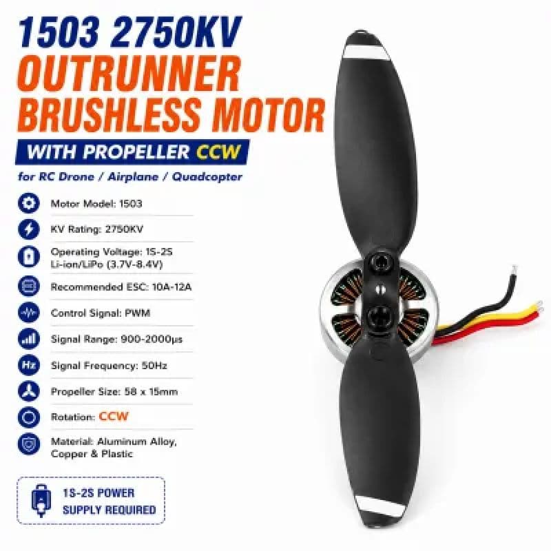 1503 2750KV Outrunner Brushless Motor | CW/CCW with Propeller for RC Drone