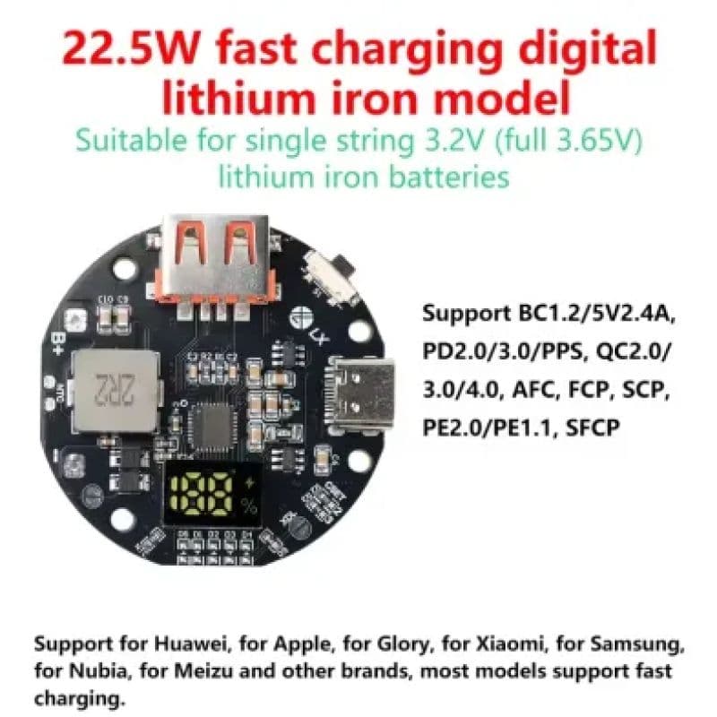 1S 3.2V LiFePO4 22.5W Fast Charging Power Bank Module | Digital Display