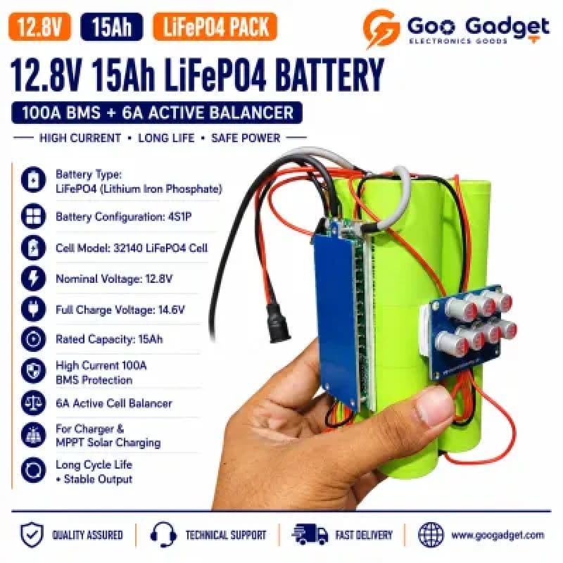 12V 15Ah LiFePO4 Battery Pack | 32140 Cells with 6A Active Balancer & 100A BMS